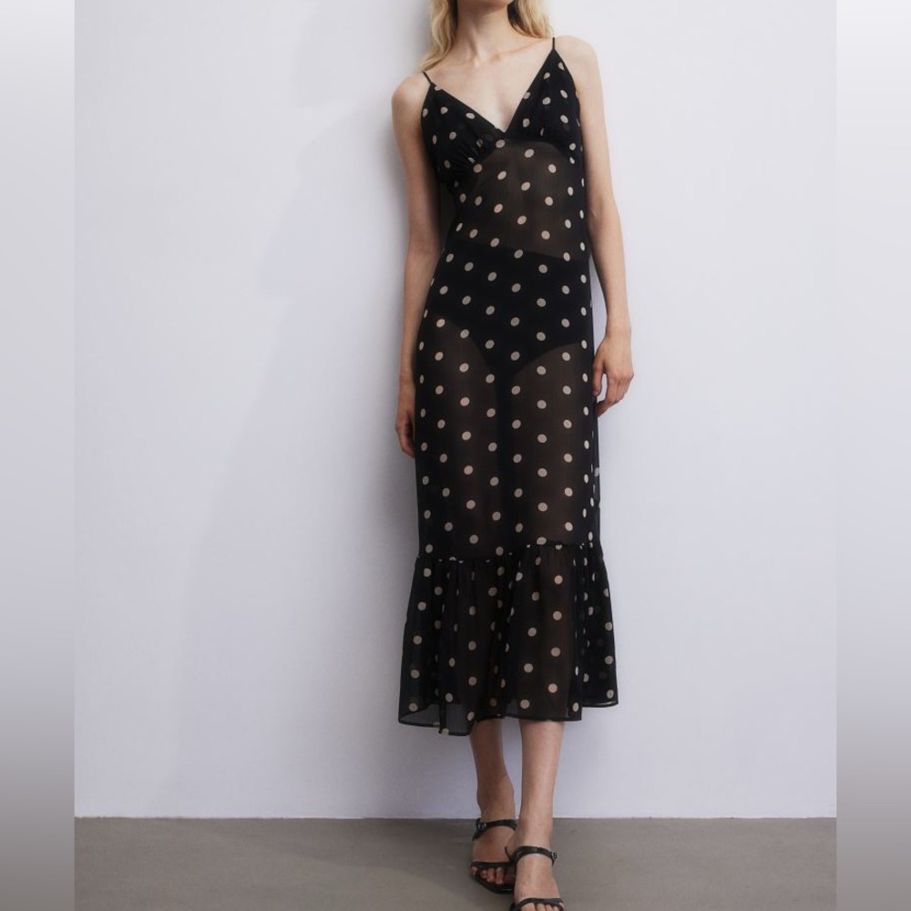 H&M Black Maxi Dress with Cream Polka Dots - Picture 3 of 7
